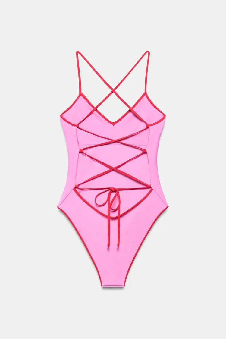 CONTRAST LACE-UP SWIMSUIT