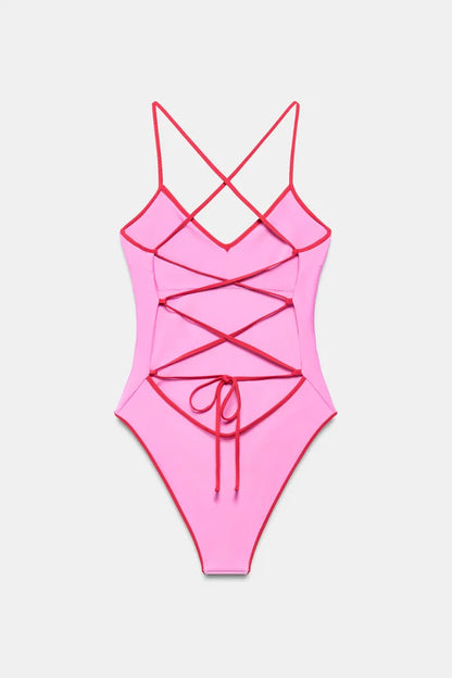 CONTRAST LACE-UP SWIMSUIT