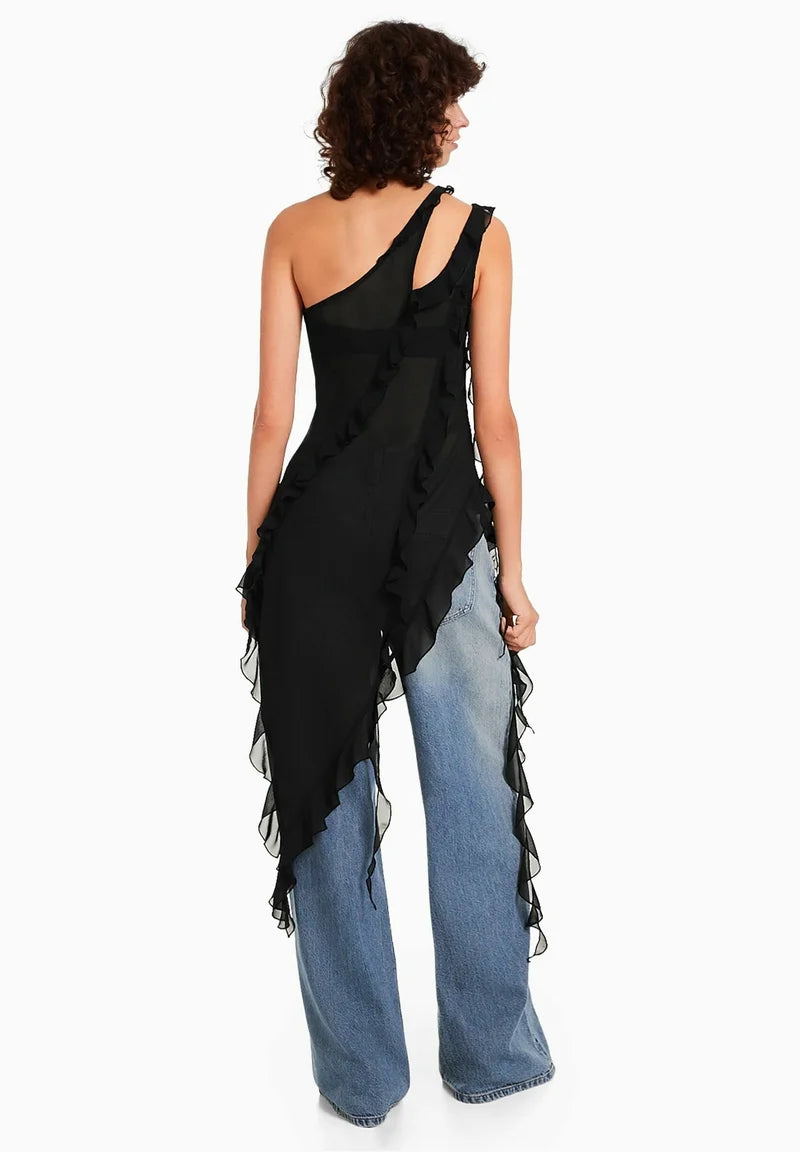 ONE SHOULDER RUFFLE TOP BLACK SHEER