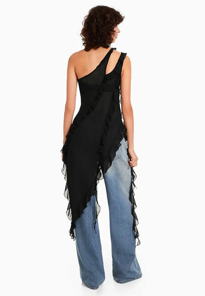 ONE SHOULDER RUFFLE TOP BLACK SHEER