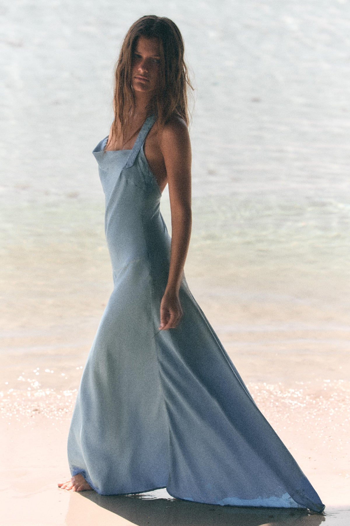 ASYMMETRIC TRF DENIM HALTER DRESS