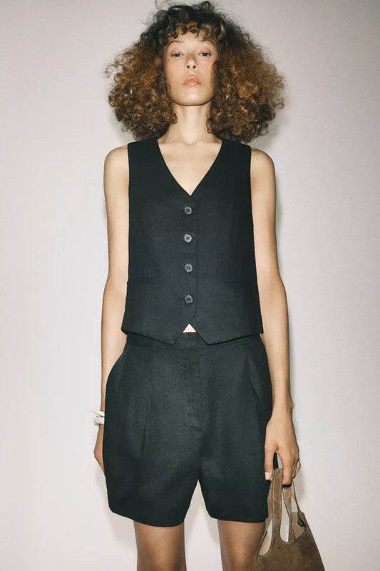 LINEN BLEND BUTTONED WAISTCOAT