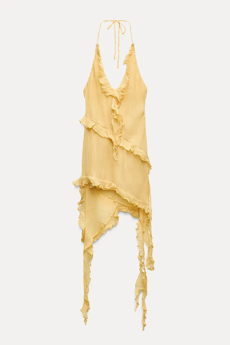 ASYMMETRICAL PLEATED RUFFLE DRESS
