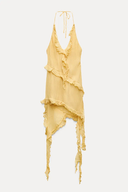 ASYMMETRICAL PLEATED RUFFLE DRESS