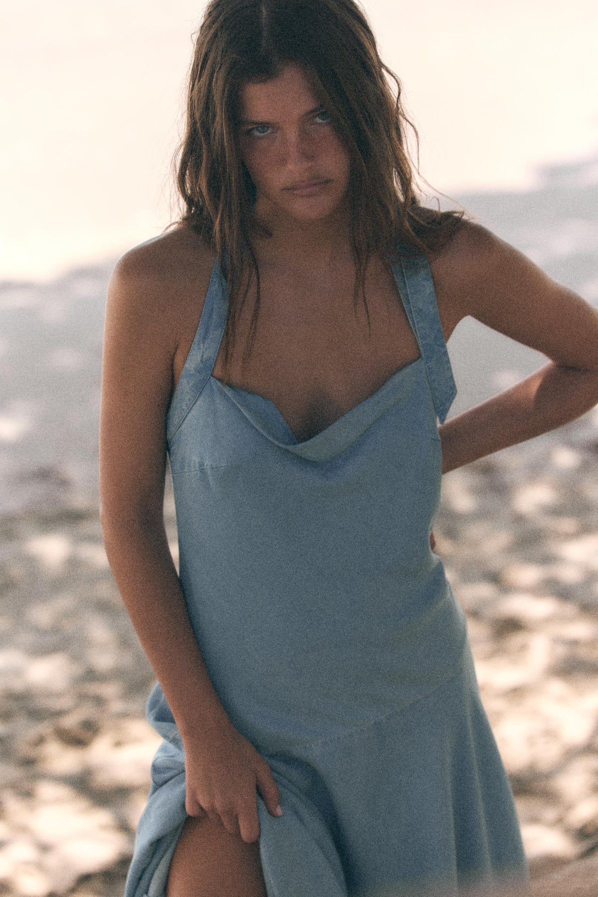 ASYMMETRIC TRF DENIM HALTER DRESS