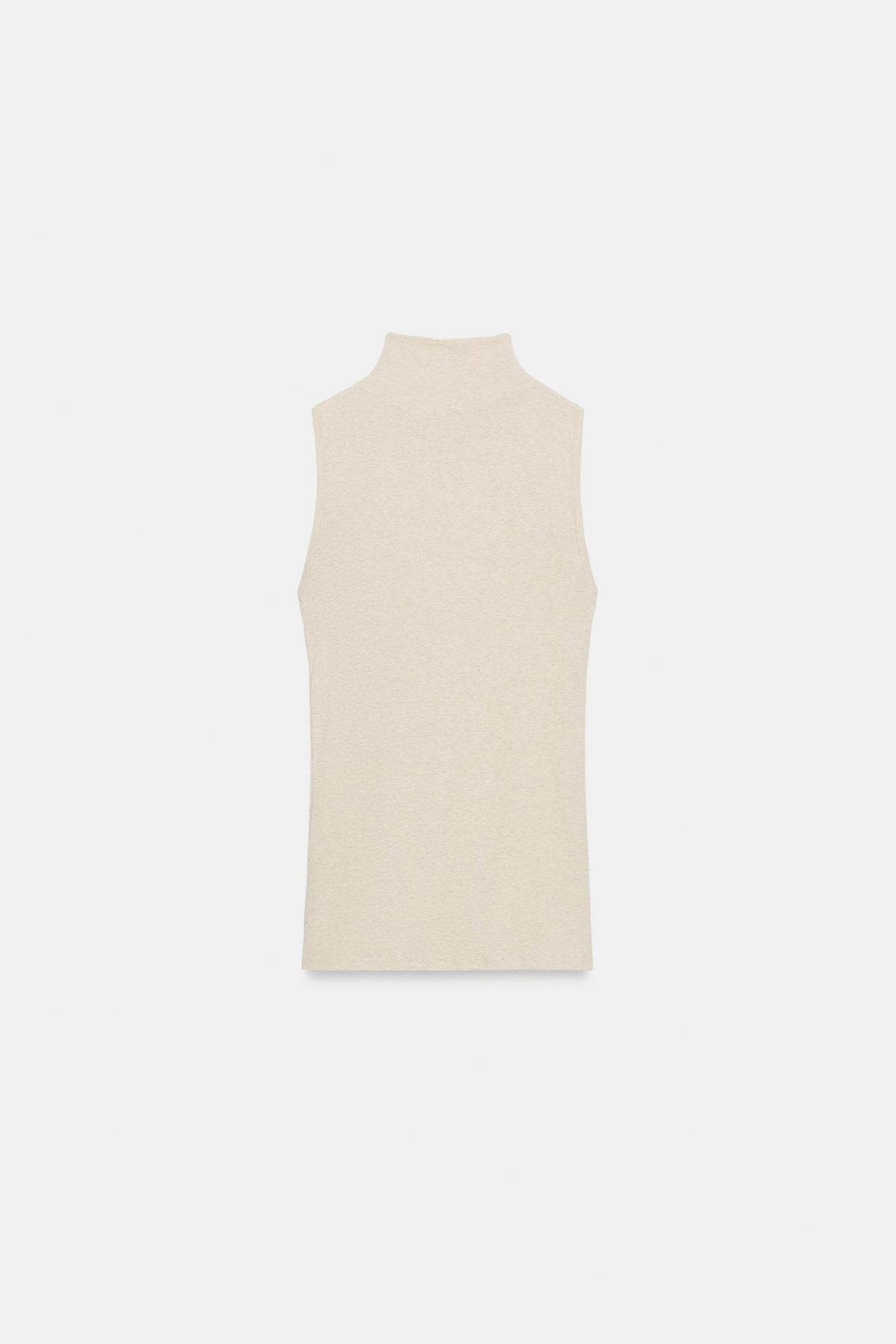 BUTTONED HIGH NECK TOP- Beige marl