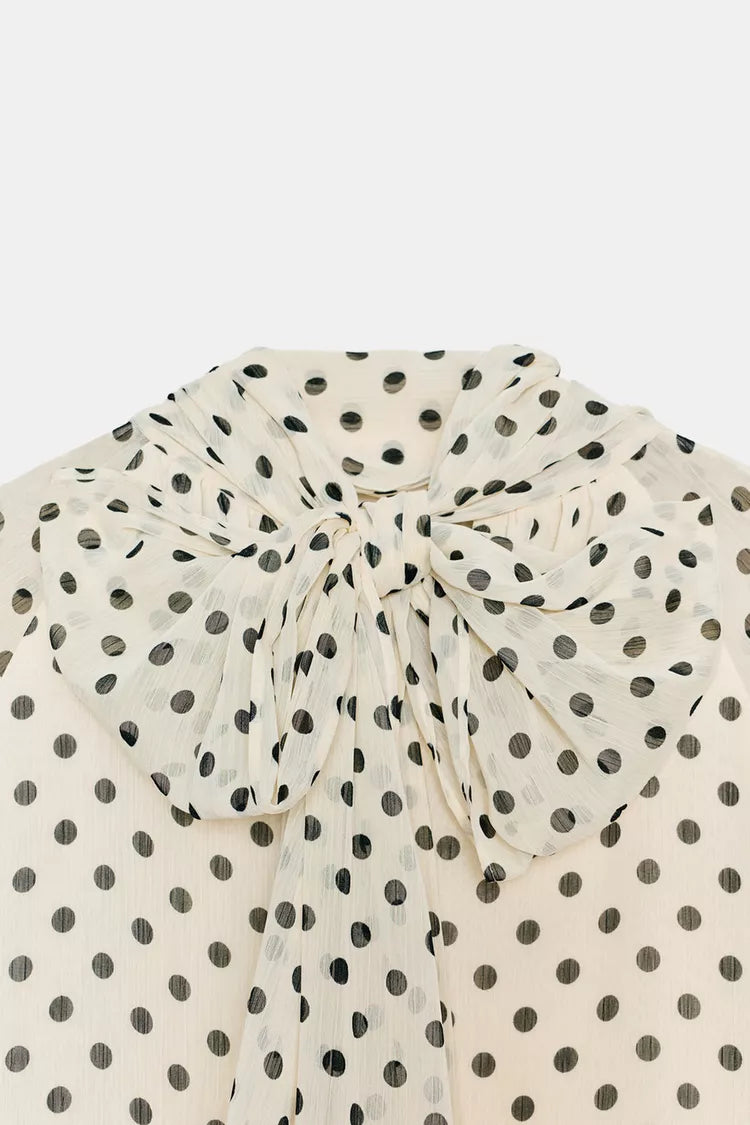 [B3] POLKA DOT BEIGE BLOUSE WITH BOW
