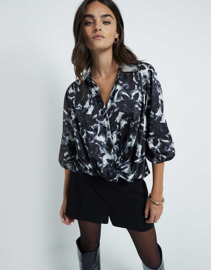 Floral print wrap shirt in black