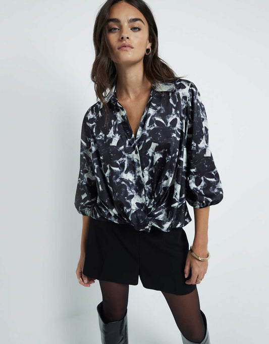 Floral print wrap shirt in black