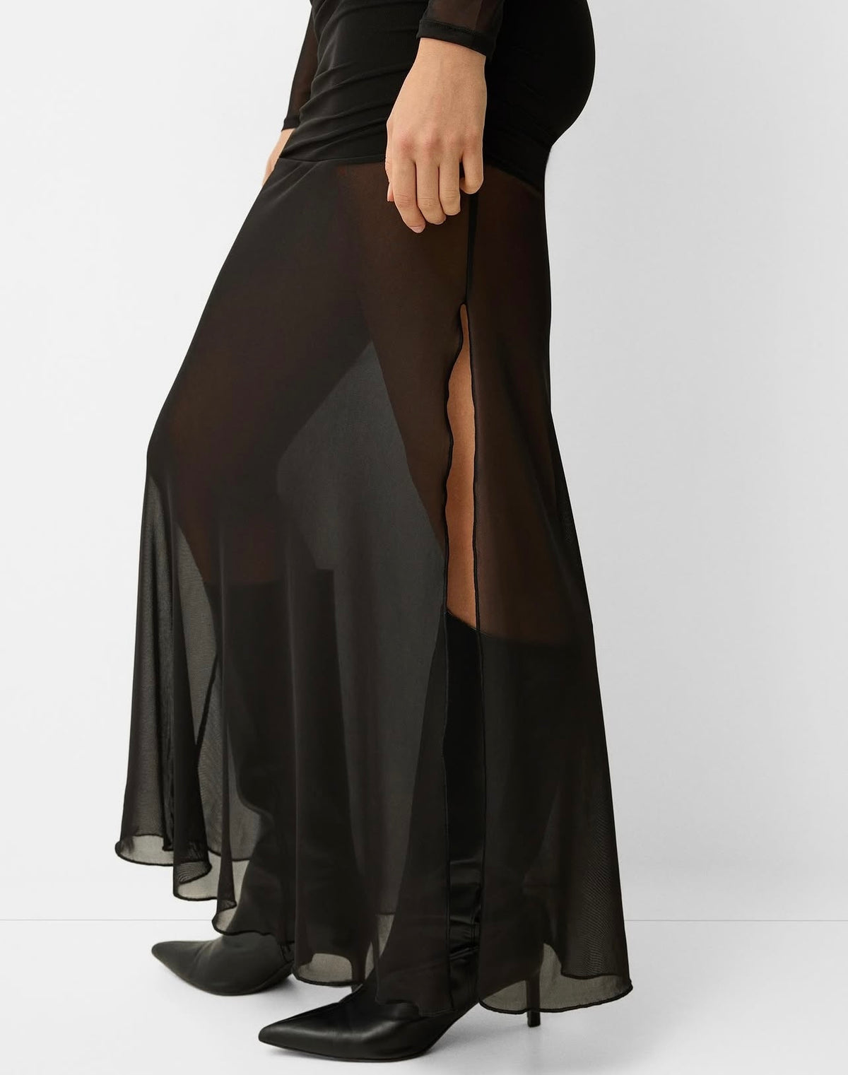 [E1] LONG SLEEVE TULLE MAXI DRESS