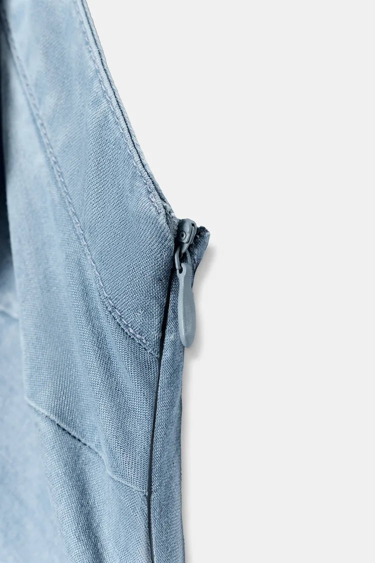 ASYMMETRIC TRF DENIM HALTER DRESS