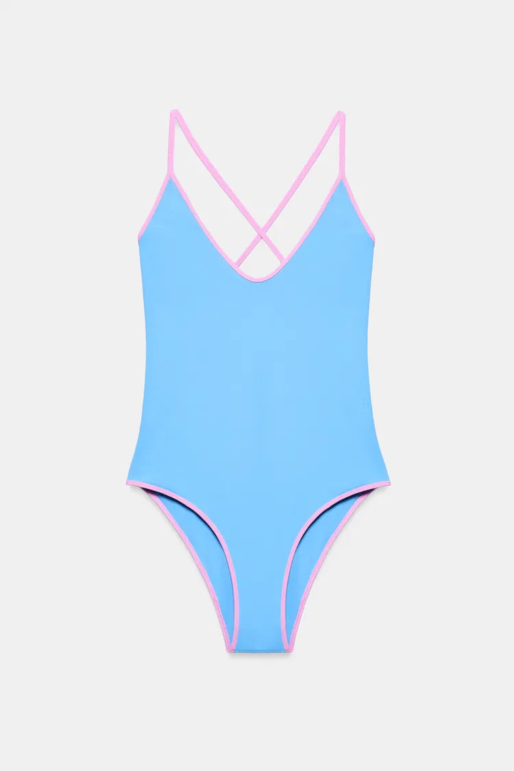 CONTRAST STRAP SWIMSUIT | Blue