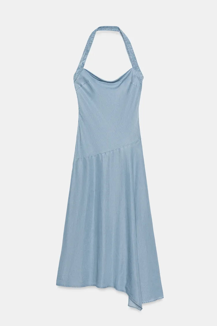 ASYMMETRIC TRF DENIM HALTER DRESS