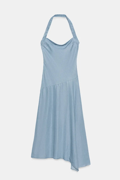 ASYMMETRIC TRF DENIM HALTER DRESS