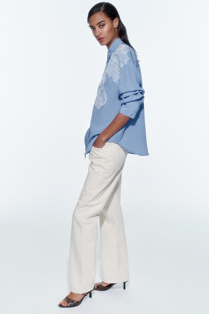 [A2] Striped shirt with floral embroidery