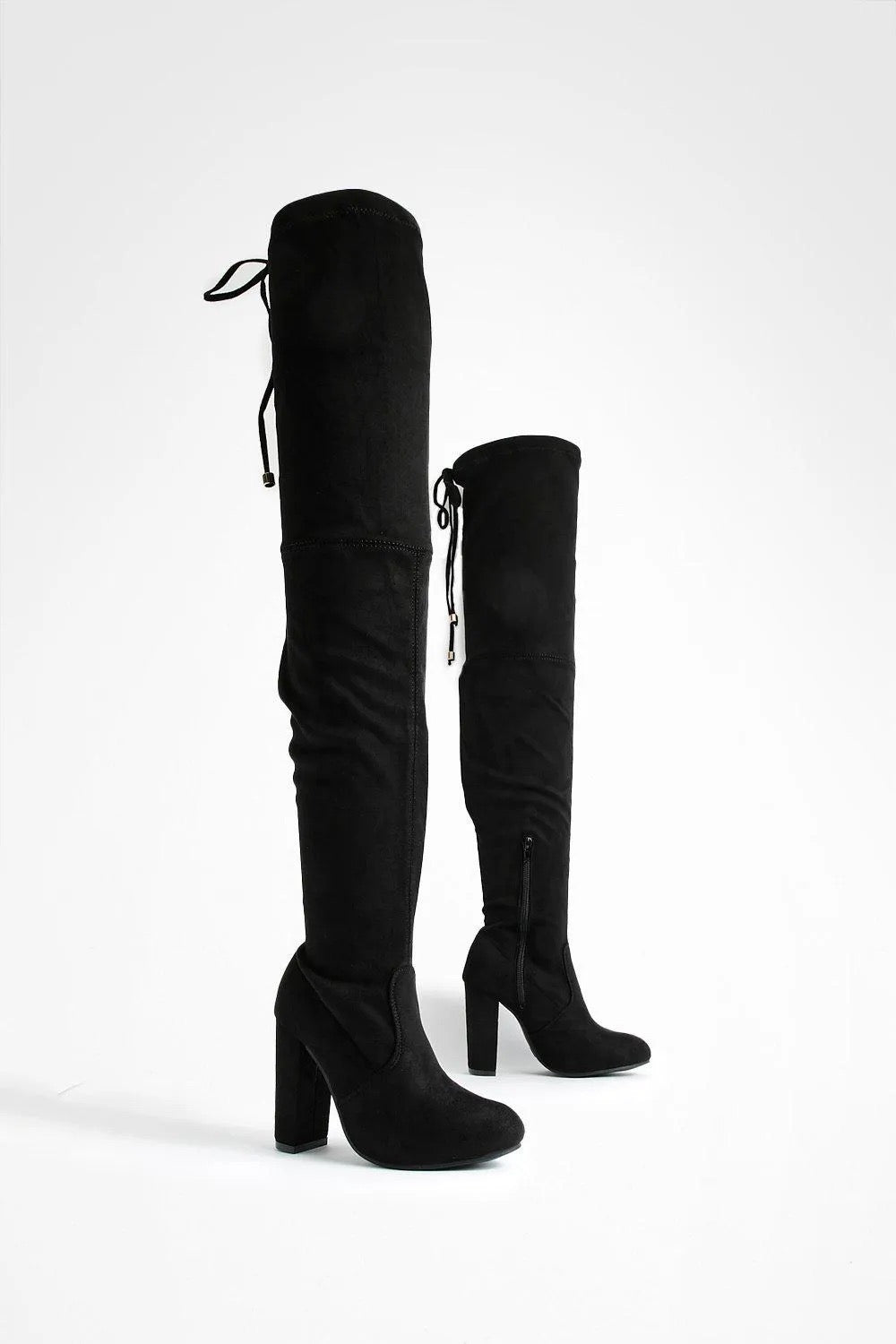 WIDE FIT FAUX SUEDE BLOCK HEEL THIGH HIGH BOOTS