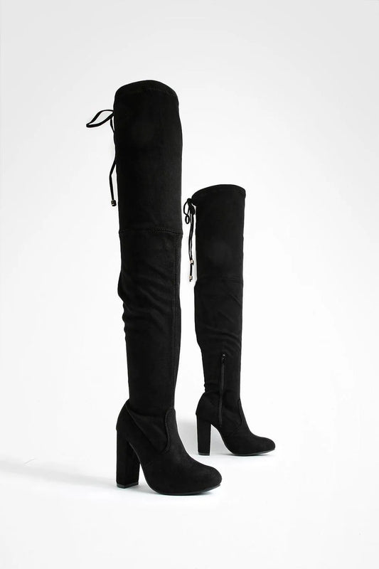 WIDE FIT FAUX SUEDE BLOCK HEEL THIGH HIGH BOOTS