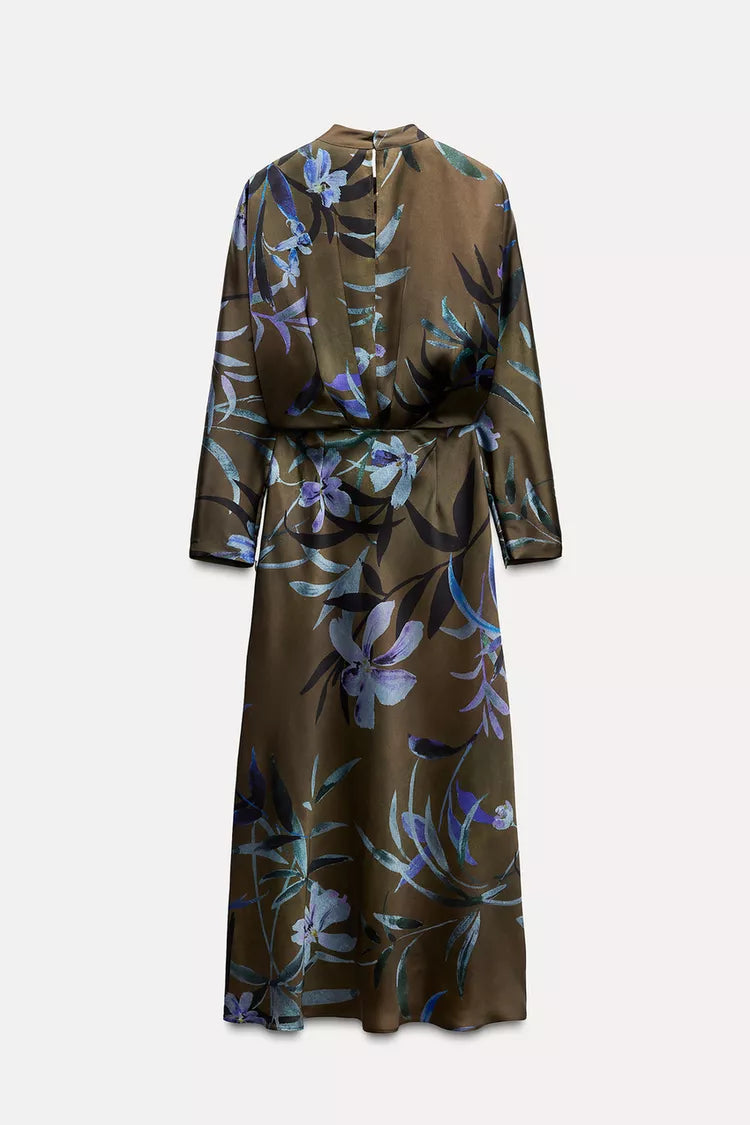 [A3] Floral Print Satin Midi Dress