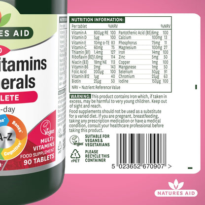 NATURES AID MULTIVITAMINS & MINERALS – ONE-A-DAY HIGH POTENCY DAILY MULTI-VITAMIN SUPPLEMENT INC. B12 & ZINC