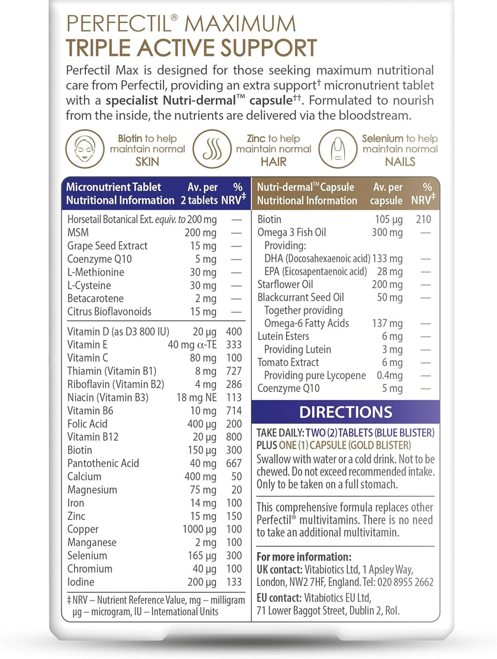 PERFECTIL MAX TABLETS, MAXIMUM SUPPORT FORMULA FOR SKIN HAIR AND NAILS, BY VITABIOTICS