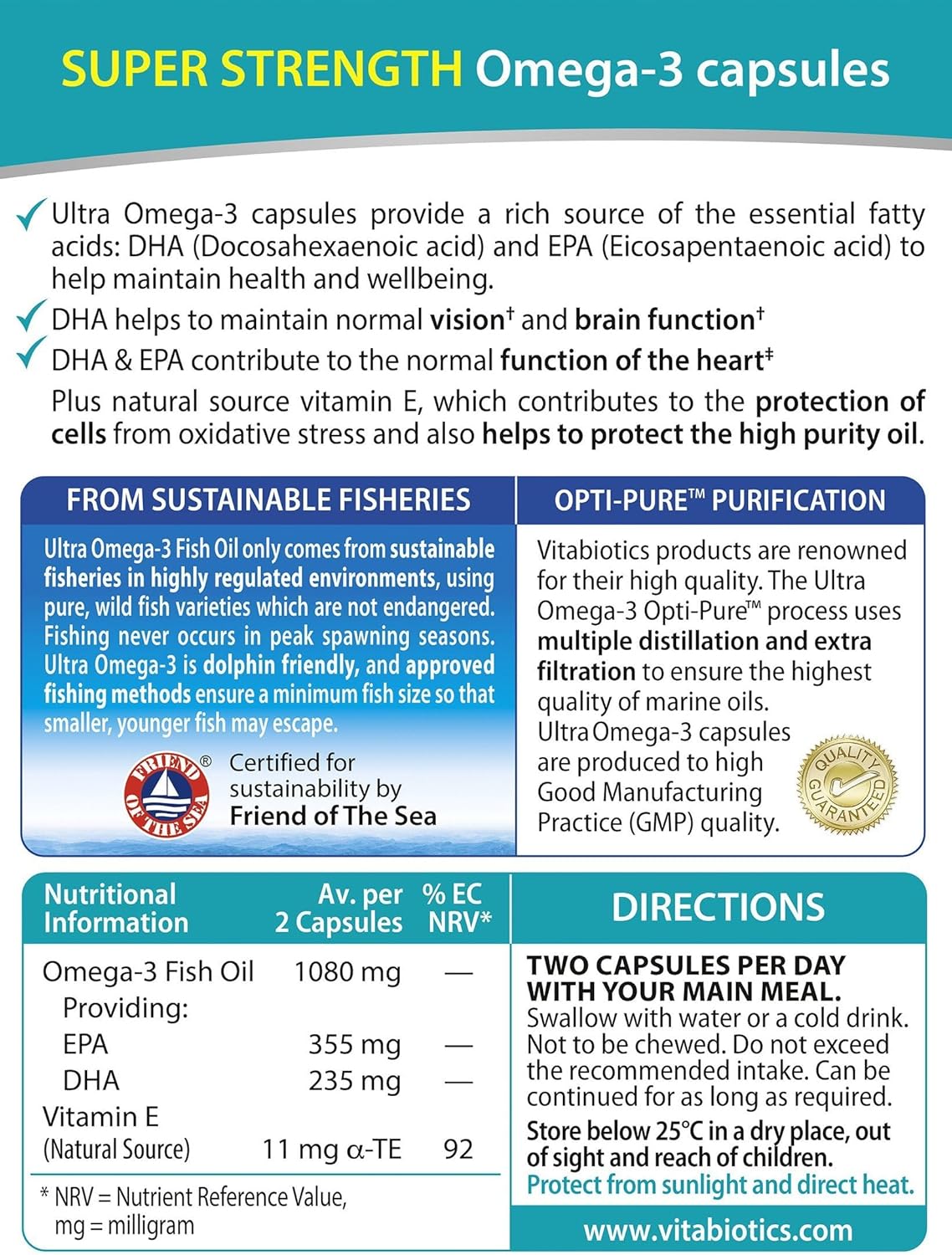 Vitabiotics Ultra Omega-3 Fish Oils Capsules with DHA EPA Nutritional Supplements for Heart Brain and Eye Vision