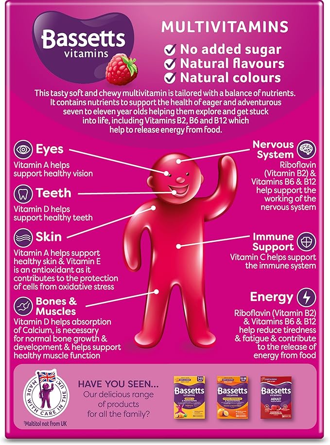 BASSETTS VITAMINS 7-11 YEARS RASPBERRY FLAVOUR MULTIVITAMINS 60 GUMMIES