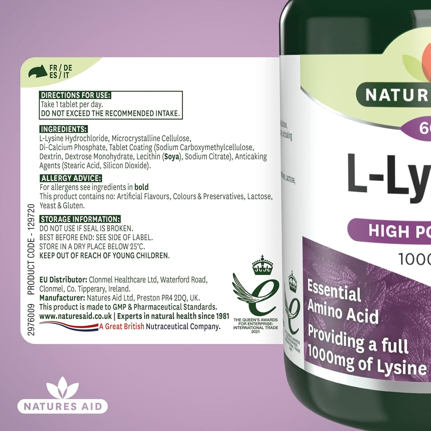 Natures Aid L-Lysine 1000mg – High Strength Essential Amino Acid