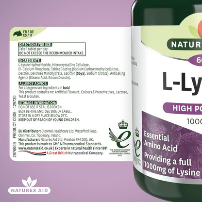 NATURES AID L-LYSINE 1000MG – HIGH STRENGTH ESSENTIAL AMINO ACID
