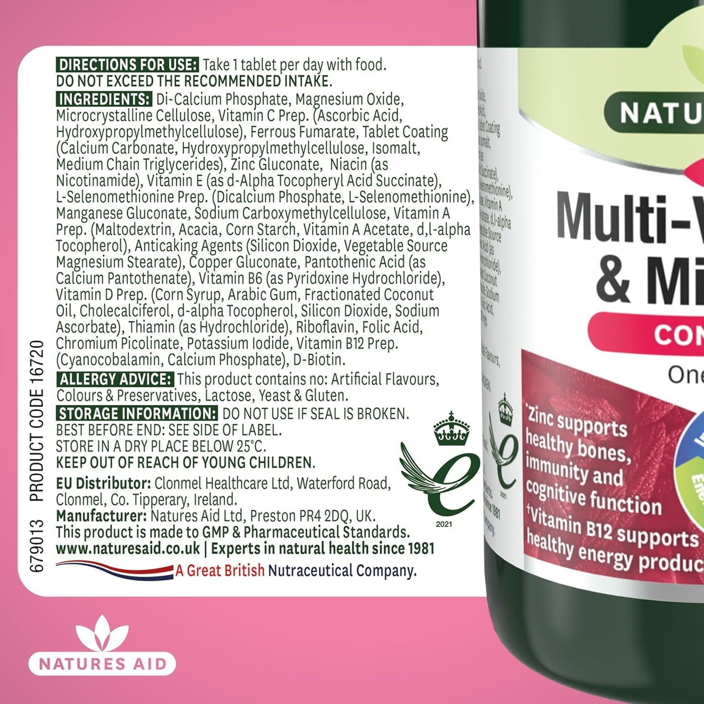 NATURES AID MULTIVITAMINS & MINERALS – ONE-A-DAY HIGH POTENCY DAILY MULTI-VITAMIN SUPPLEMENT INC. B12 & ZINC