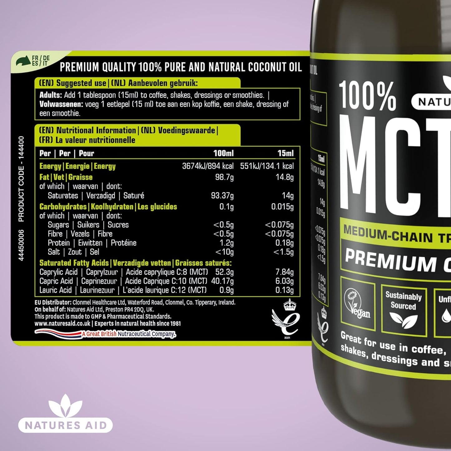 Natures Aid 100% MCT Oil 500ml - Premium Coconut MCT - Energy Boost - Keto Friendly - Add to Coffee Shakes Smoothies