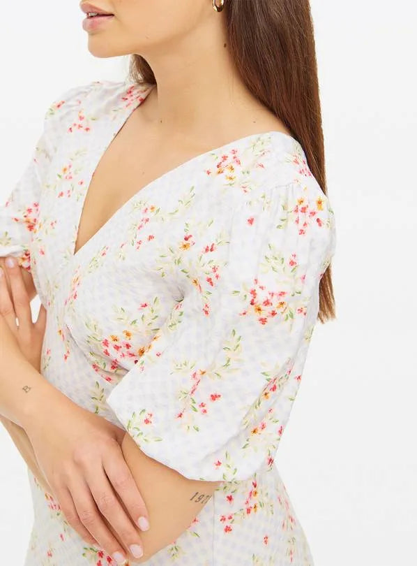 FLORAL PRINTED GINGHAM TEA DRESS