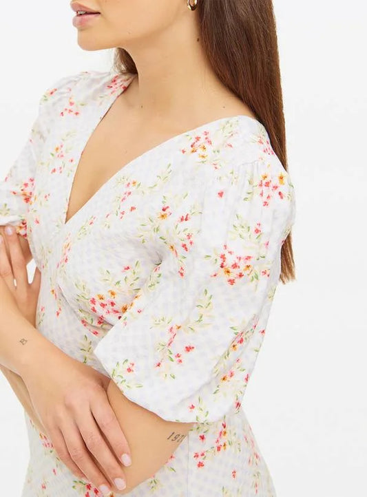 FLORAL PRINTED GINGHAM TEA DRESS