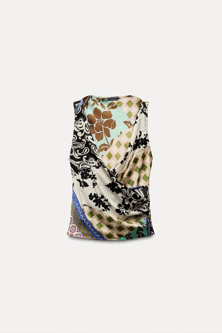 [A5] Patchwork Print Satin Top