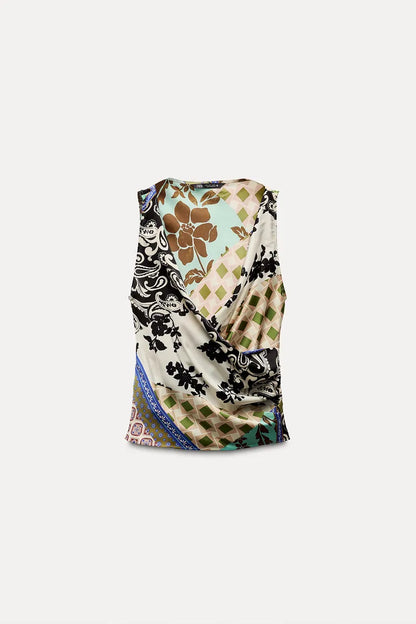 [A5] Patchwork Print Satin Top