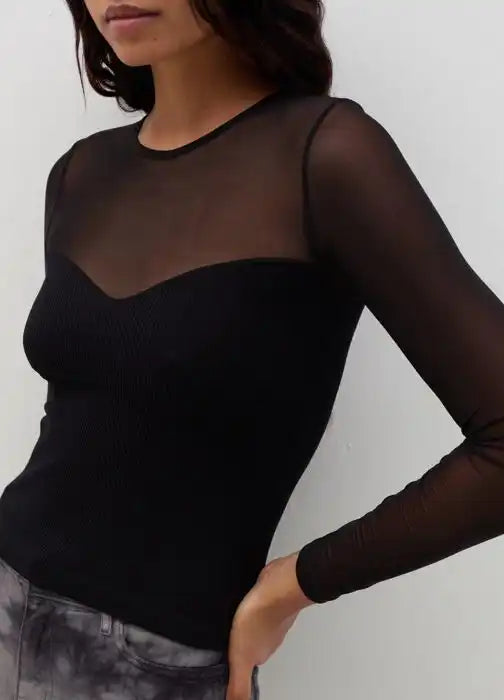 Crop T-shirt in mesh with long sleeves