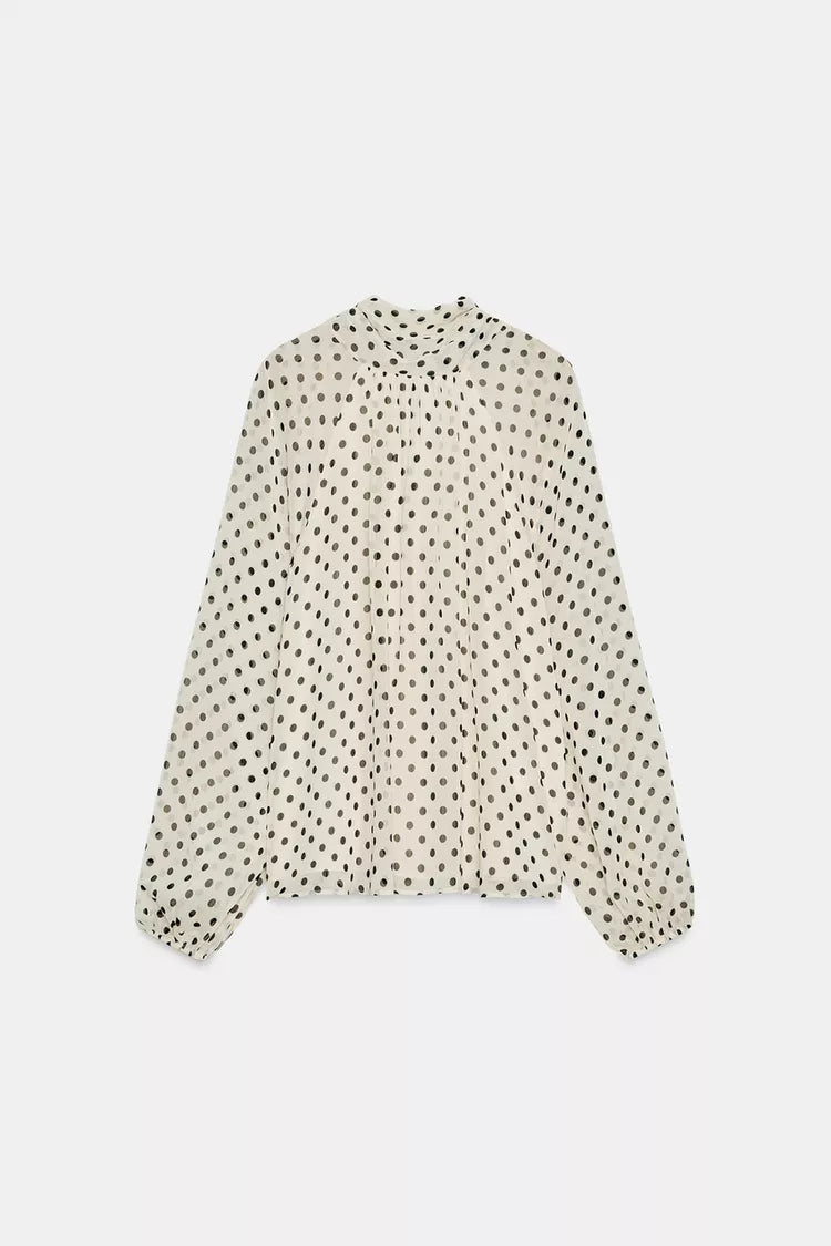 [B3] POLKA DOT BEIGE BLOUSE WITH BOW