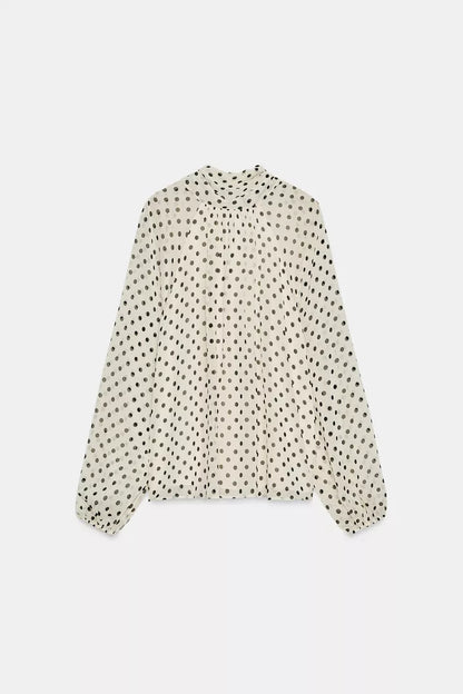 POLKA DOT BEIGE BLOUSE WITH BOW