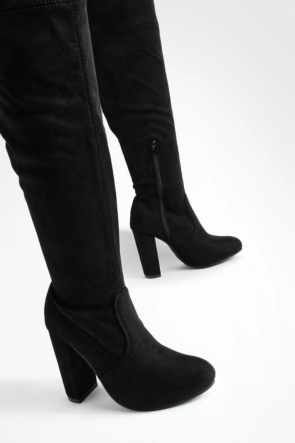 WIDE FIT FAUX SUEDE BLOCK HEEL THIGH HIGH BOOTS