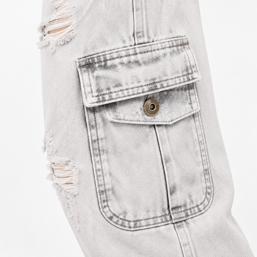 Zara Distressed Denim Cargo Dungarees – Light Wash