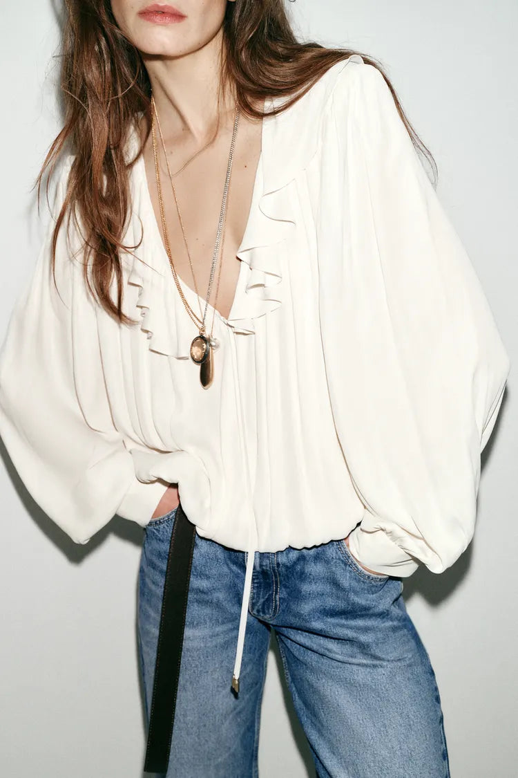 [B1] SATIN BLOUSE WITH SHOULDER PADS