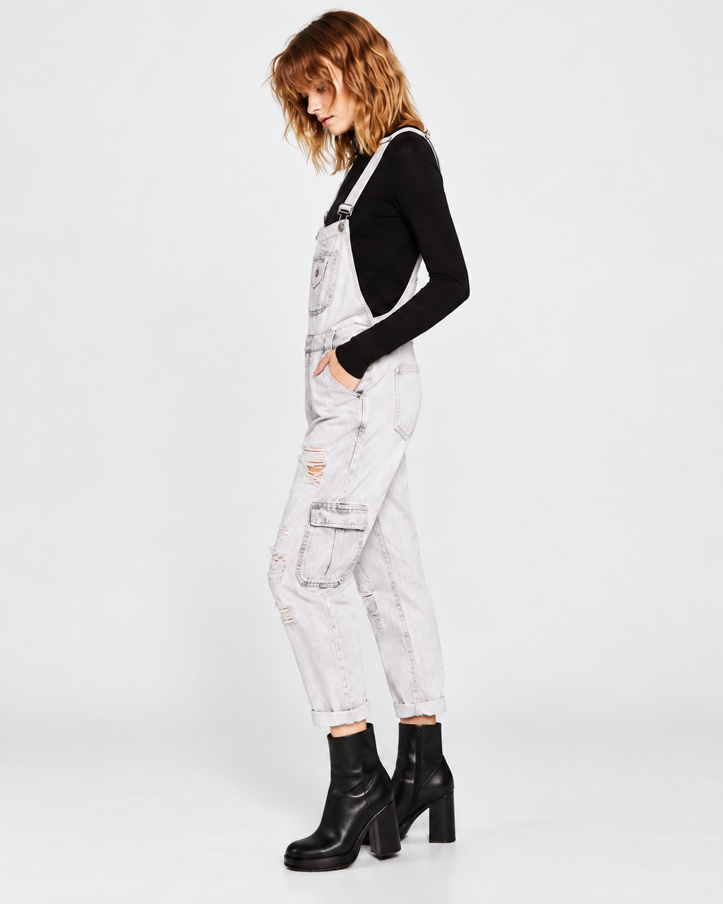 Zara Distressed Denim Cargo Dungarees – Light Wash