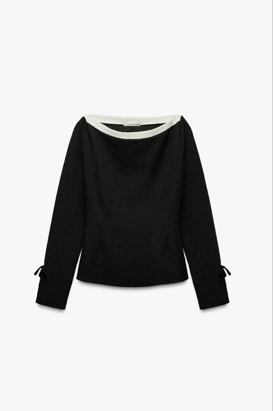 Black Contrast Boat Neck Top