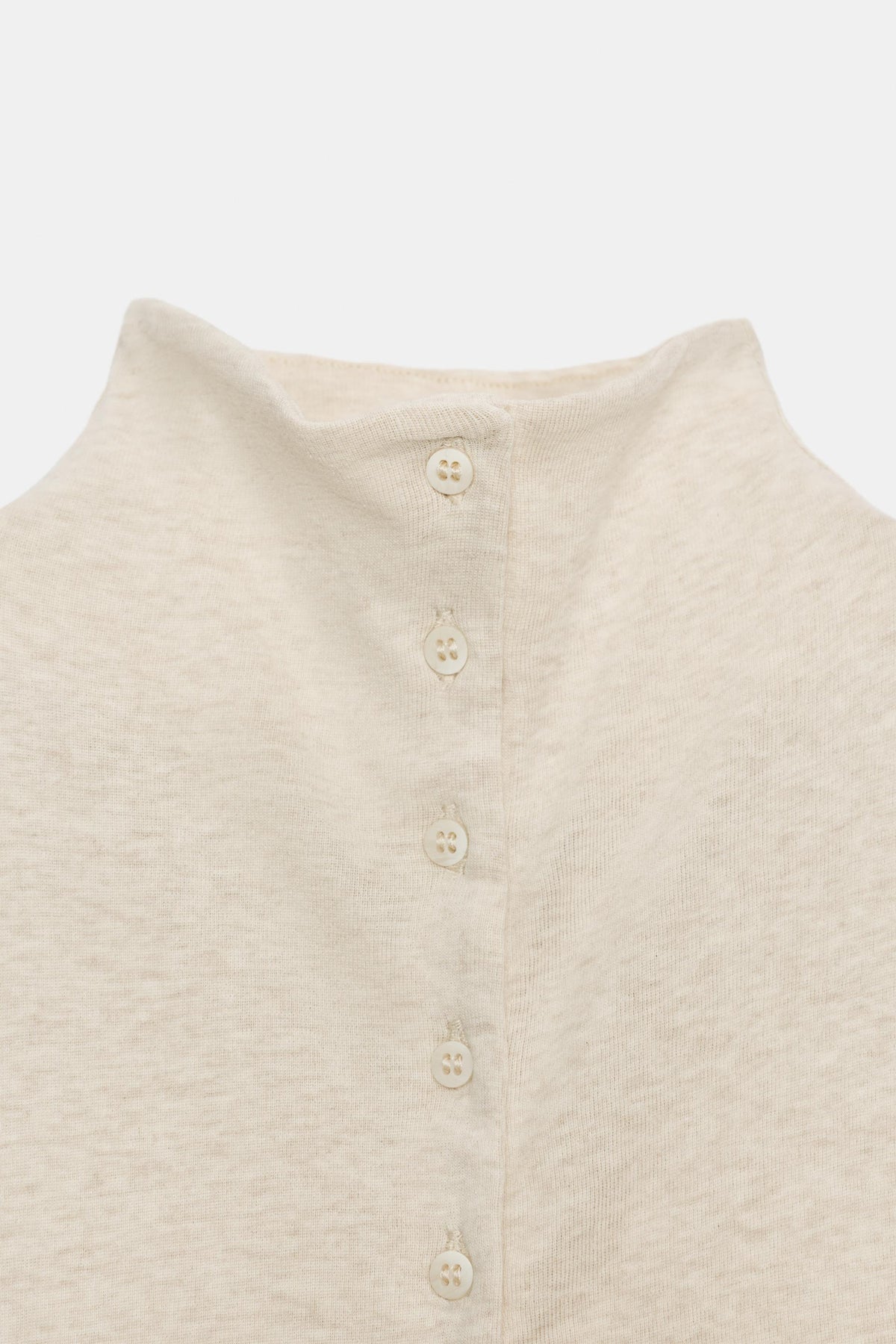 BUTTONED HIGH NECK TOP- Beige marl