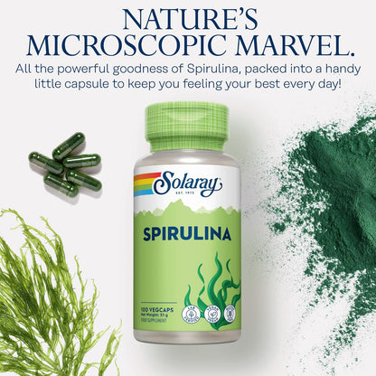 SOLARAY SPIRULINA – COMPLÉMENT ALIMENTAIRE ALGUES – RICHE EN PROTÉINES, VITAMINES & MINÉRAUX – 100 GÉLULES VÉGAN
