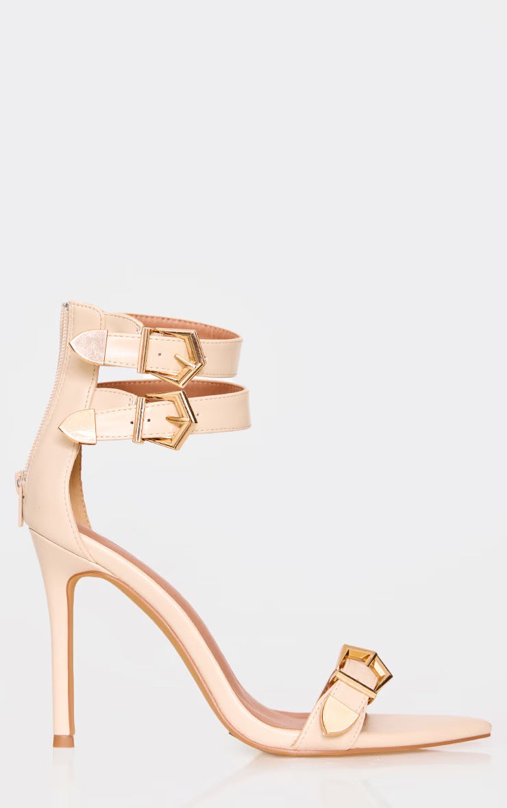 CREAM PU POINT TOE BUCKLE STRAP HIGH STILETTO HEELED SANDALS