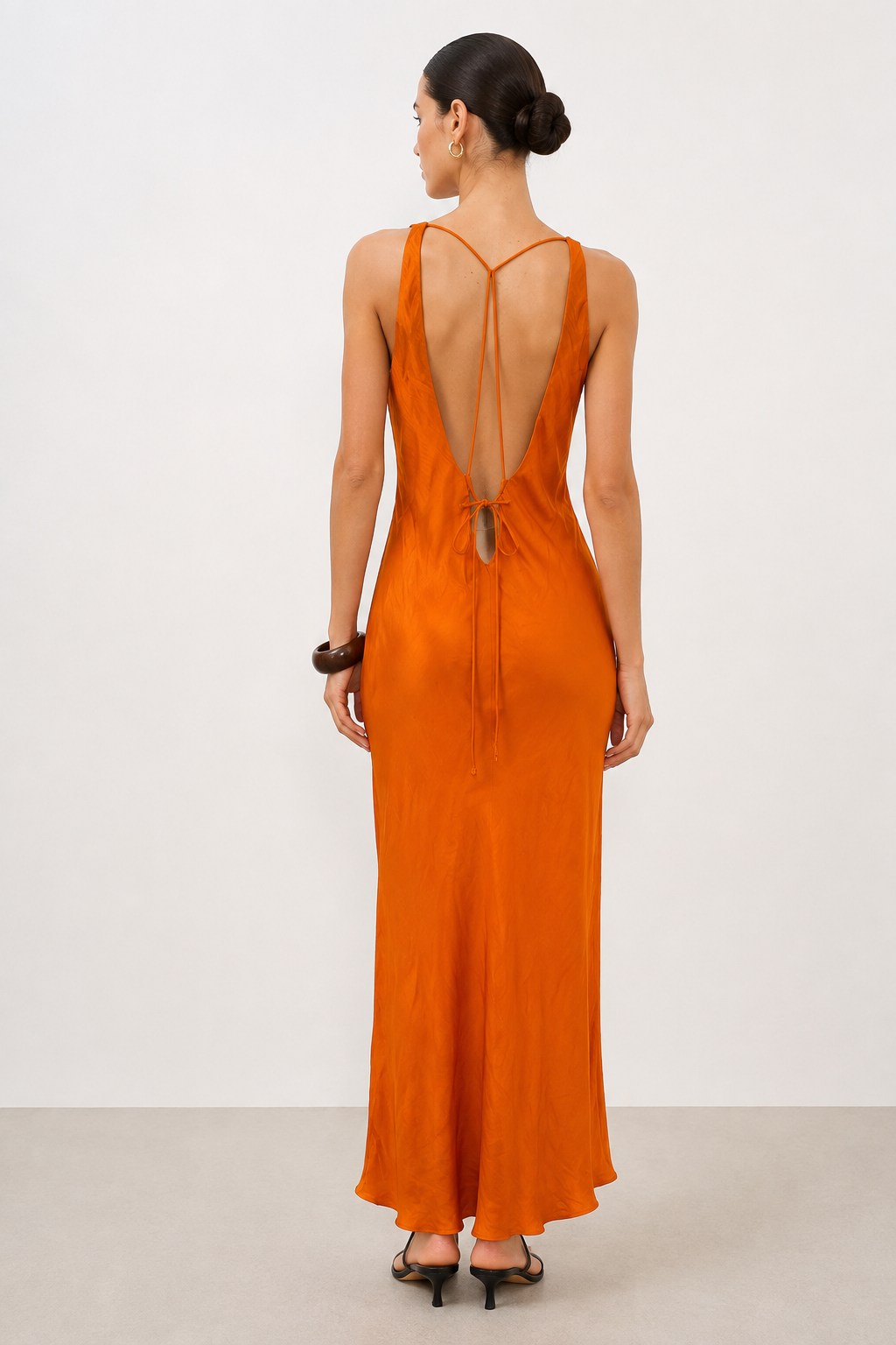 ORANGE SATIN OPEN-BACK MAXI DRESS