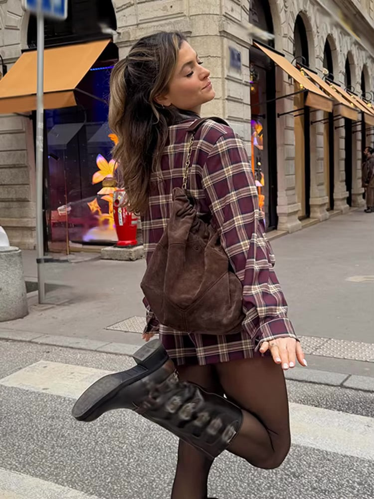 CHECKED BOMBER JACKET WITH SKORT | LEATHER EFFECT LAPEL