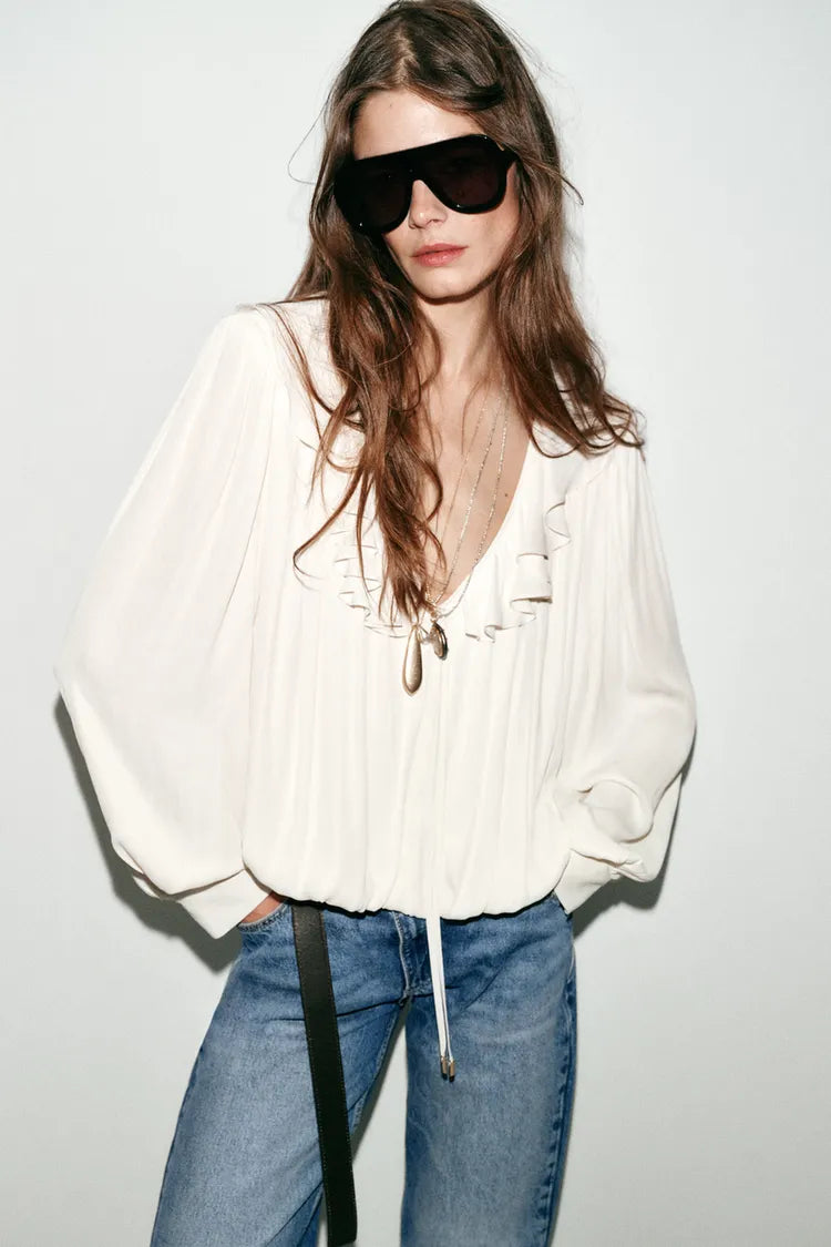 [B1] SATIN BLOUSE WITH SHOULDER PADS