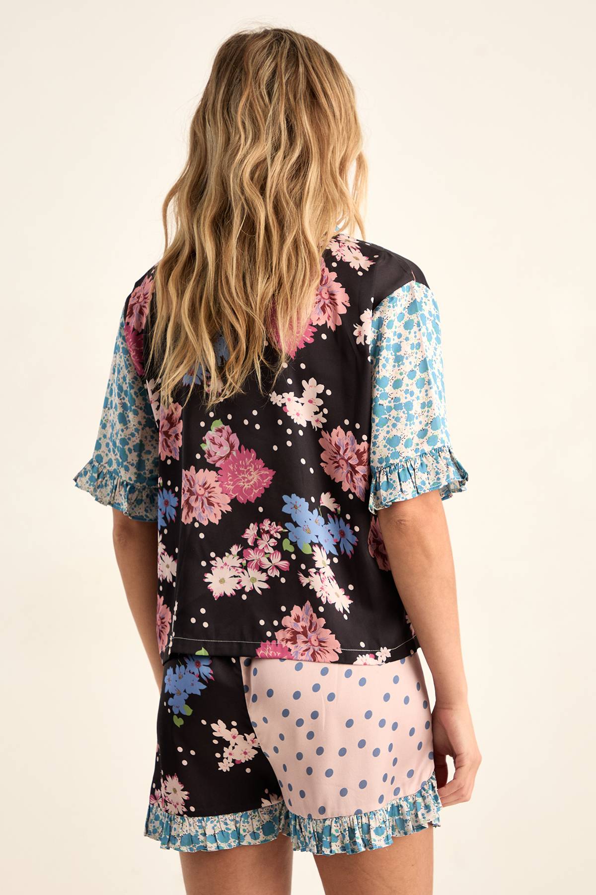 FLORAL POLKA DOT SPLICE RUFFLE PYJAMA SHORTS SET
