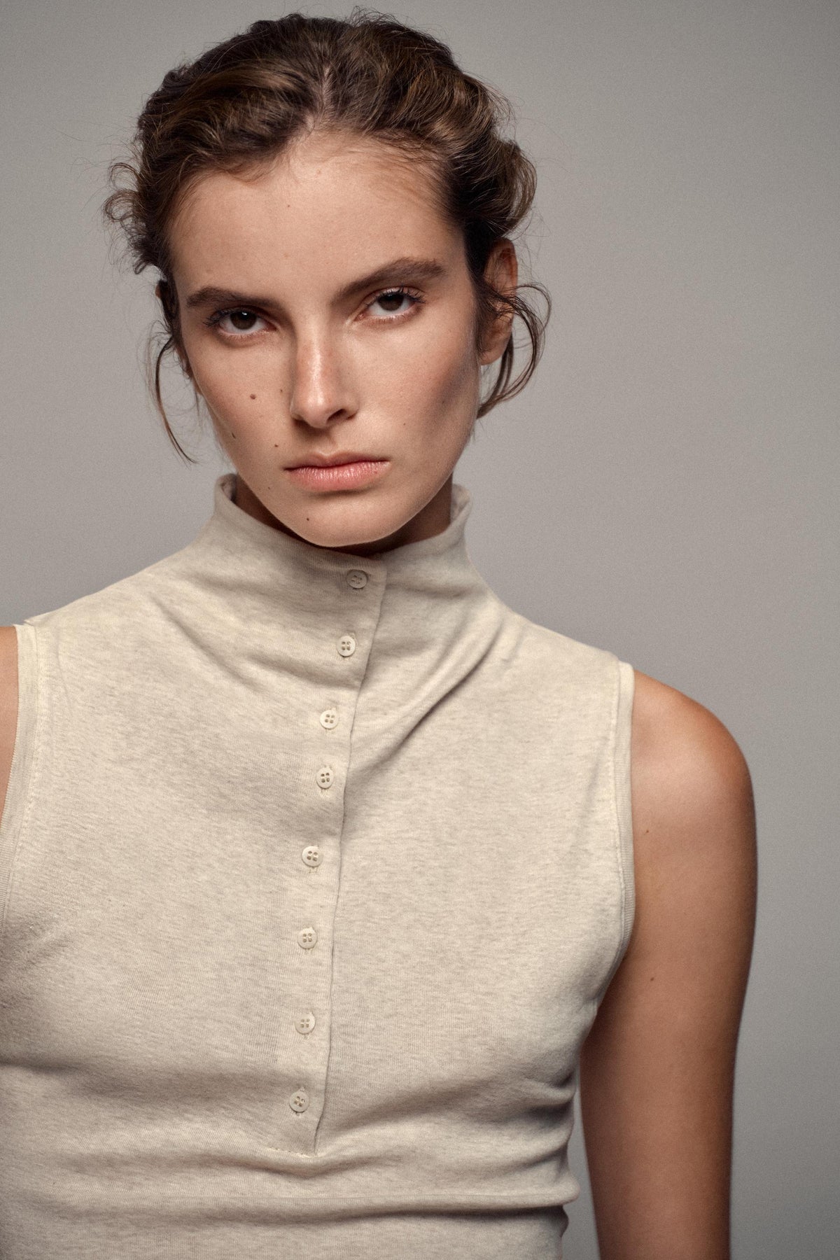 BUTTONED HIGH NECK TOP- Beige marl